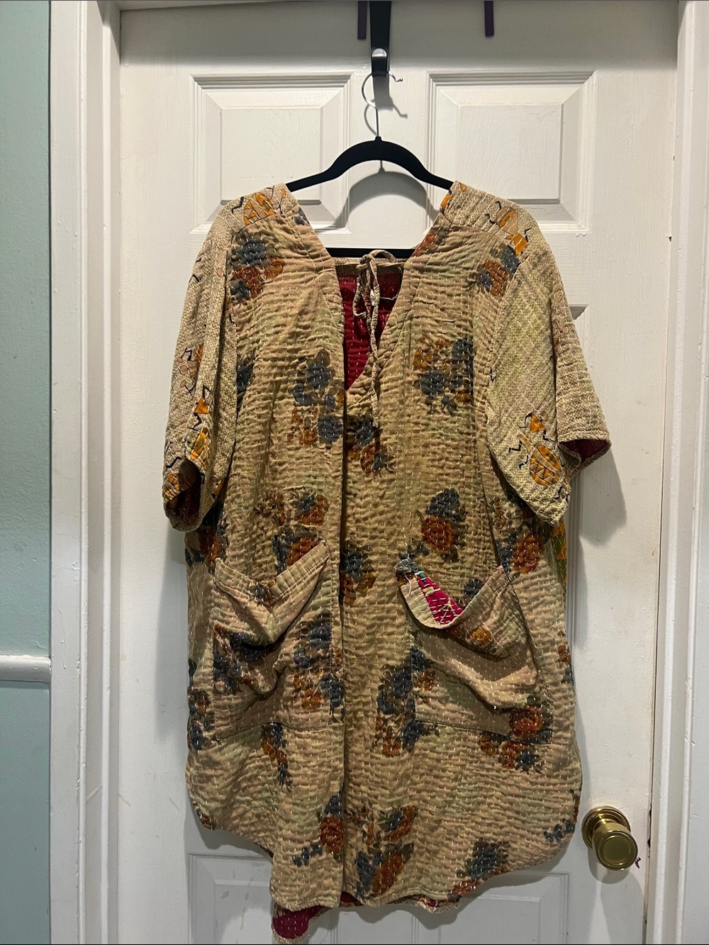 Quilted Long-Sleeve Floral Dress in Beige